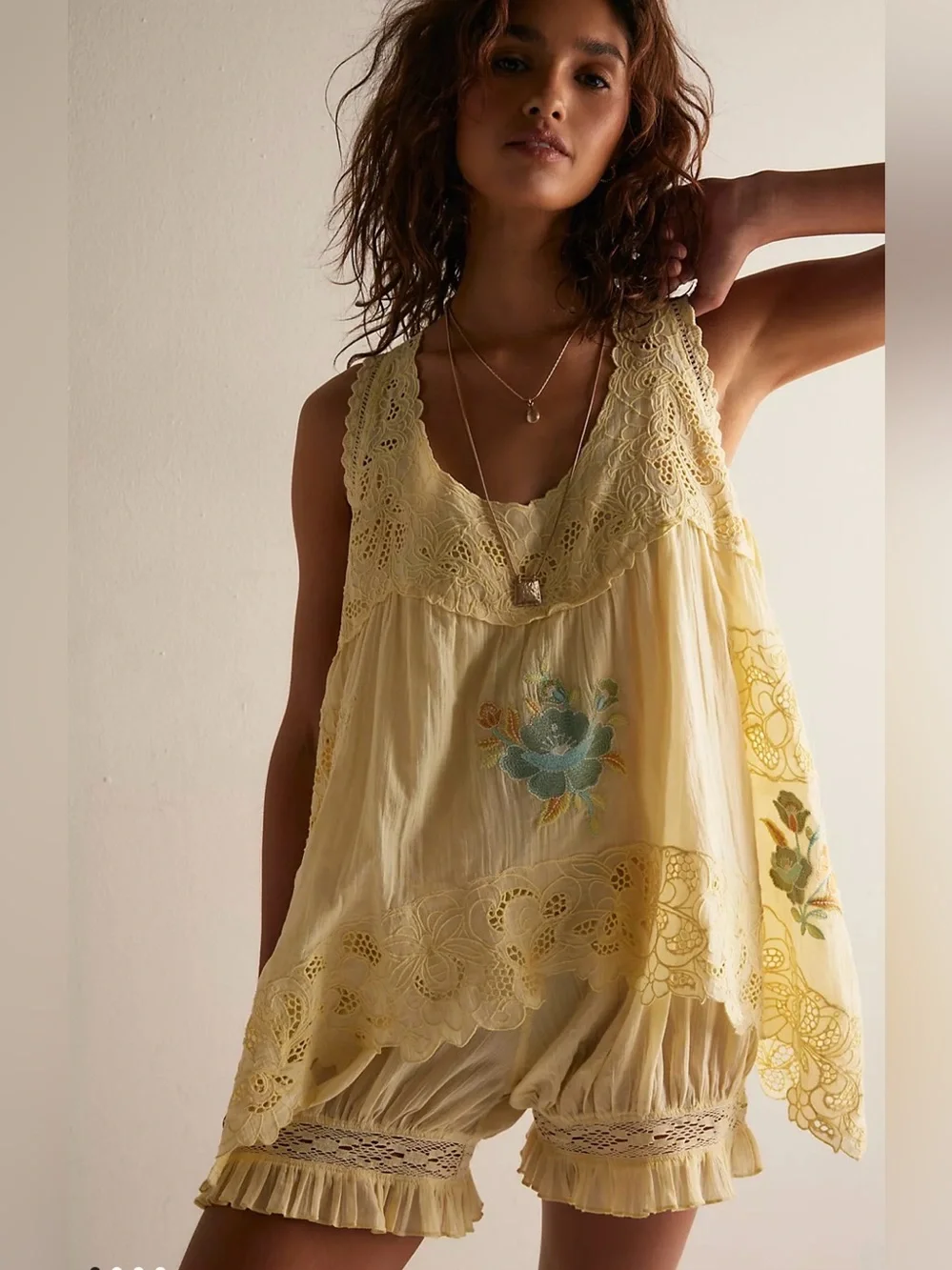 Women's Yellow Lace-Trim Sleeveless Romper. Runs Big.
